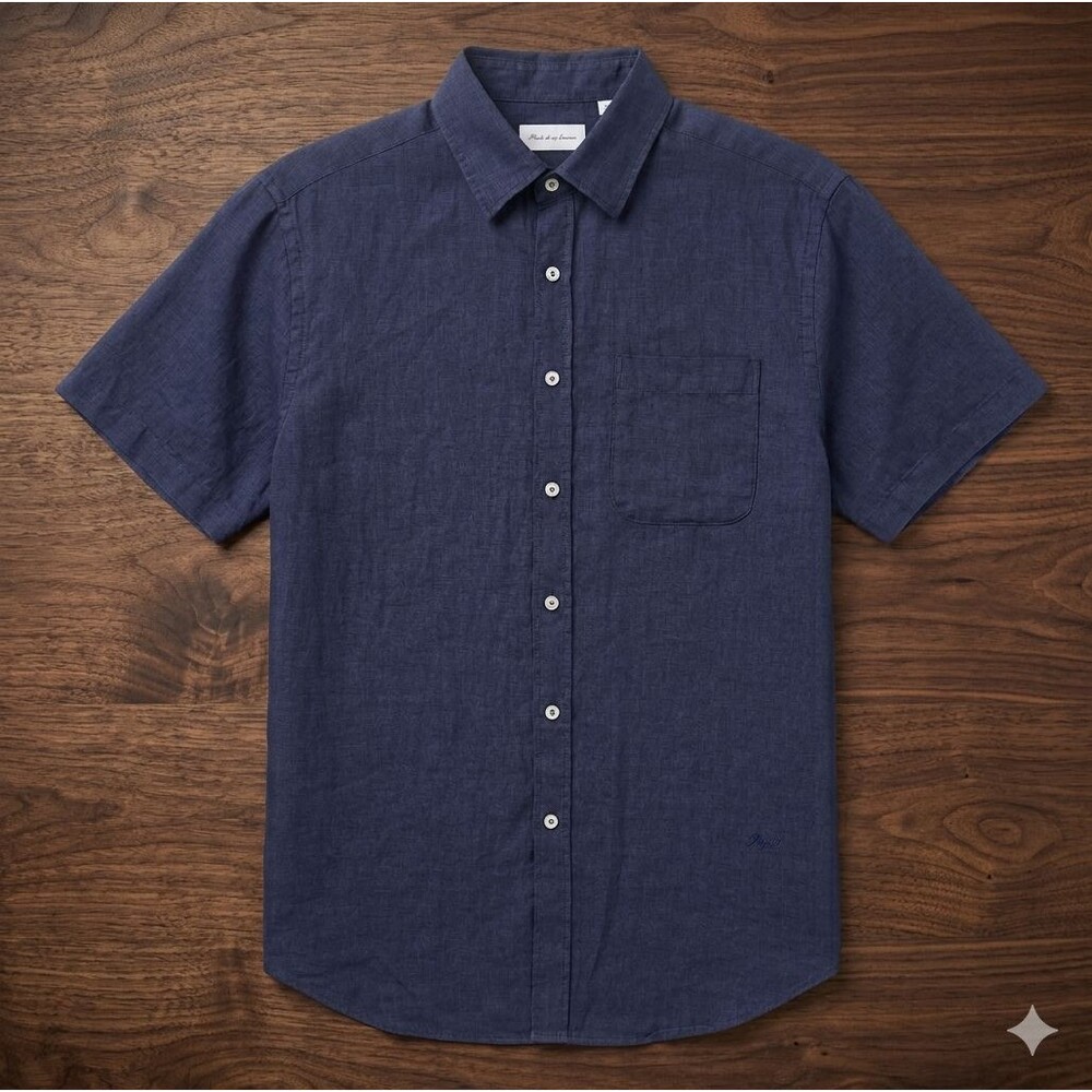 Porter & Ash Mens M 100% Linen Short Sleeve Button Up Navy Shirt P & A Embroider